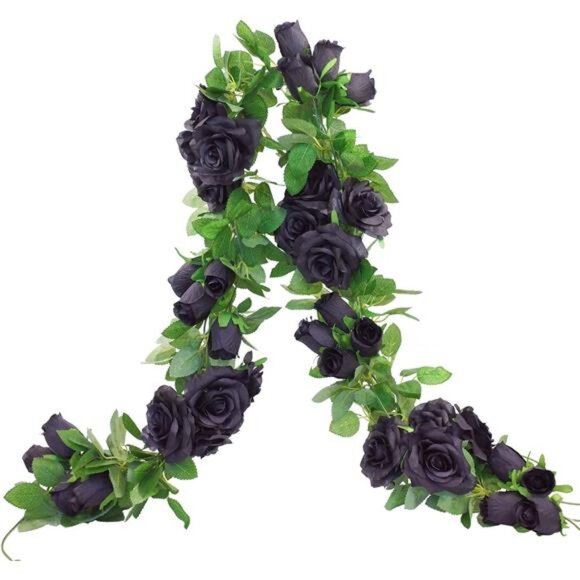 2 PCS 6.5 Ft. Artificial Black Rose Vine for Halloween Decor, Hanging Black - Picture 1 of 6